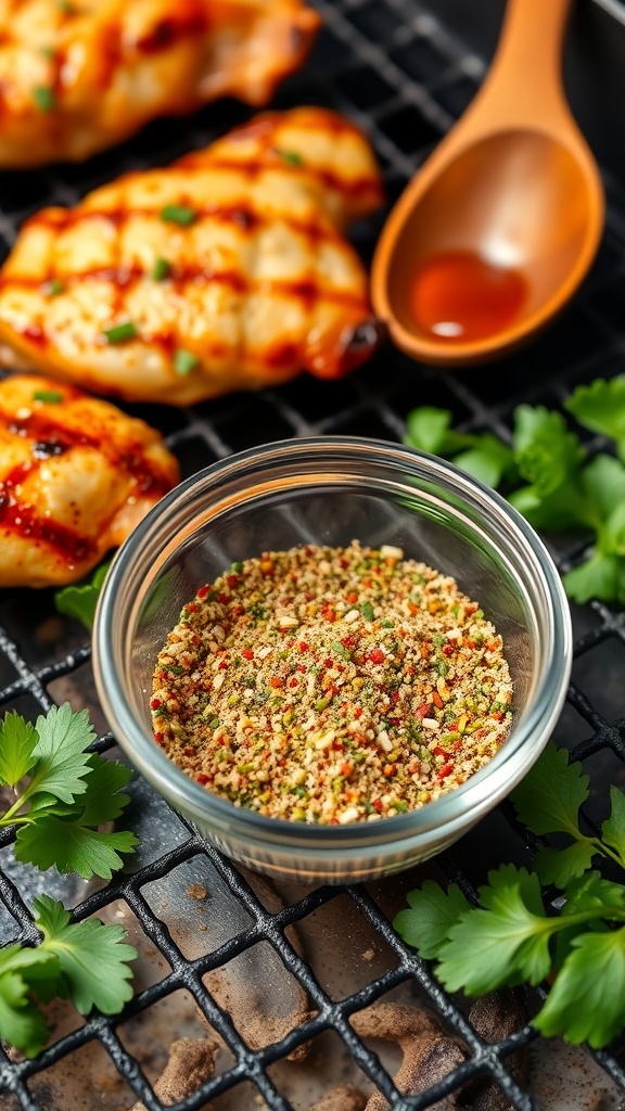 A bowl of seasoning blend for grilled chicken with spices and herbs, set against a backdrop of grilling chicken.